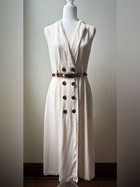 Tahari Linen Blend Belted Sleeveless Trench Midi Dress Neutral Small